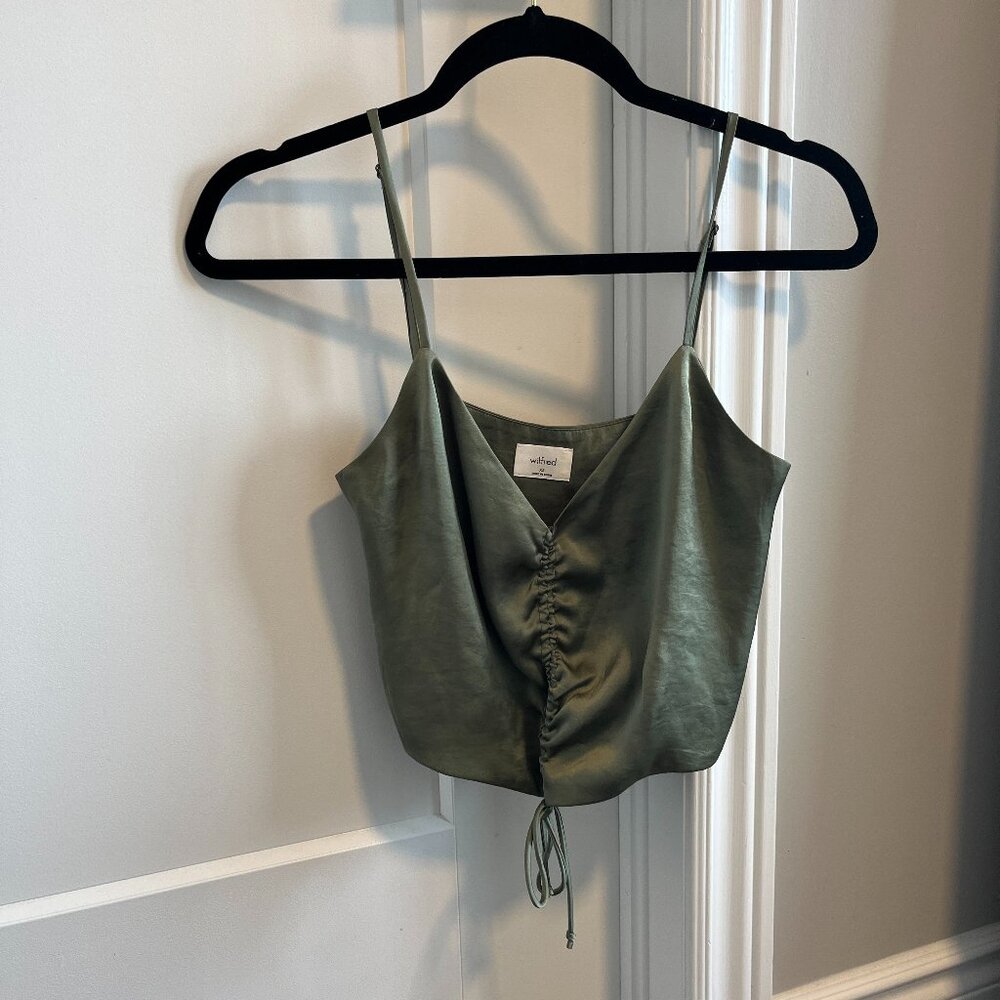 Aritzia Wilfred Verso Camisole Sage Green Satin Gather V Neck Spaghetti Strap XS